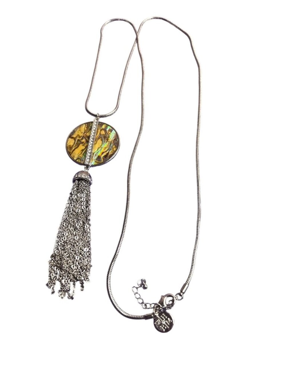 WHBM White House Black Market Abalone Shell Circle Pendant Necklace Chain Tassel